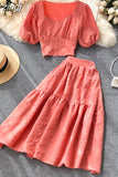 Two Piece Set Women Vintage Square Collar Short Sleeve Tops + High Waist A-Line Skirt Female Suits 2023