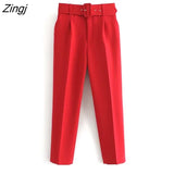Sale Women candy color pants purple orange beige color chic business Trousers female fake zipper pantalones mujer pants