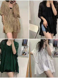 Zingj V-Collar Hollowed-Out Short-Sleeved Sweater Women's Wear Thin Style Design Unique Chic Loose
