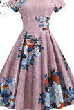 Floral Print Elegant A-line Party Dress Women Slim White Short Sleeve Swing Pin up Vintage Dresses Robe