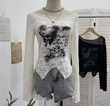 Breeze Butterfly Graffiti Mesh Patchy Texture Long-Sleeved T-Shirt Picties Short Repair Bodysuit