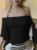 Shoulder Design Beads With Hanging Neck Horn Sleeve Tops The Folding Tight Waist Thin Knitting Temperament