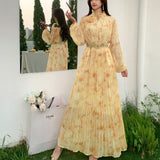 Light Luxury Temperament Dress Female High-End Feel Strapped Waist Three-Dimensional Flower Lantern Sleeve Print