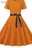 White Polka Dot Vintage Dress Summer Women Floral Print Short Sleeve Retro Robe Rockabilly Dresses Party