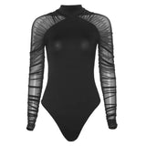 Zingj High Round Collar Mesh Stitching Long Sleeve Slim Solid Color Joined Female Support Board