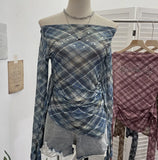 Lattice Mesh Long-Sleeved T-Shirt Irregularly Drifted Y2k Oblique Shoulder Short Top