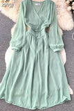 Vintage Women Dress Elegant Orange/Red/Yellow V-Neck Lantern Sleeve High Waist Slim A-Line Vestidos Female New
