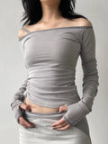 Off Shoulder Solid Crop Top Women Chic Side Drawstring Bandage Long Sleeve T Shirt y2k Stitched Fall Clothing