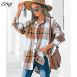 PETAL Brown Plaid Long Sleeve Blouse For Woman Casual Button Up Shirts Top 2023 Spring Autumn Blouses