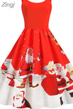 Winter Christmas Women Sexy Spaghetti Strap Swing Party Dress Vintage Robe Santa Snowflake Print