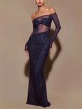 Women's Perspective Evening Dress Dress Sexy Long-Term Repair Shoulder Woman