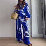 Spot Autumn New Women's Fashion Print Striped Shirt Pleated Straight Wide Leg Pants