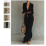 Women's Autumn Elegant Temperament Sexy Solid Color Irregular Folds Containing Belt