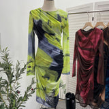 Vintage Tie-Dye Printing Irregular Folded Mesh Yarn Body-Body-Sleeve Dress