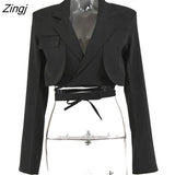 Gray Double Layer Bandage Slim Blazer Women Long Sleeve Pocket Short Jacket Female Notched Collar Outwear Tops 2023