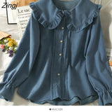 Sweet Peter Pan Collar Blouse Women Korean Preppy Style Puff Sleeve White Shirts Office Lady Elegant Design Button