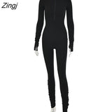 Turtleneck Zipper Skinny Jumpsuit Women Long Sleeve One Piece Neon Orange Bodysuit Female Running Fitness