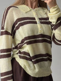 Striped Knitted POLO Shirt Collar Collar Sweater Loose Leisure Lazy Style New Women's