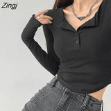 T-shirts Women Slim Y2k Trendy Tops Autumn Crop Popular Korean Style Button Long Sleeve Cute Camisetas Leisure Girlish