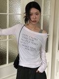 Autumn Letter Print Thin Perspective T-Shirt Hottie Fashion Slanted Shoulder Long-Sleeved