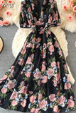 Bohemian Floral Long Dress For Women Sexy V-Neck Short Sleeve High Waist A-Line Big Swing Vestido Casual Blue Robe