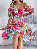 Spring And Summer Leisure Flowers Lead Short Sleeves To Close The Waist Lotus Leaf Side A Dress Women's