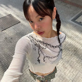 Spring And Summer 2024 New Word-Collar Fashion Prints Long-Sleeved Wave Wave Wave Wave Top