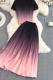 Women Pleated Two Piece Set Vintage Stand Collar Short Sleeve Draped Tops + High Waist Stretchy A-Line Skirt Suit