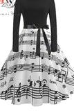 Note Print Elegant Party Dress Women 50s 60s Retro Vintage Robe Rockabilly Casual Winter