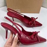 Patent Leather Tip-Headed Bow Sandals Women 2025 Spring And Autumn New French Shallow Thin-Word High-Heeled Shoes