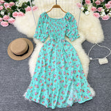 Zingj New French Gentle Wind Sweet Square Collar Bubble Short Sleeve Waist Show Thin Slit A-Word