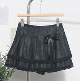 Vintage College Wind Bow Lace 100-Fold Short Skirt High Waist Anti-Walking Pu Skin Skirt
