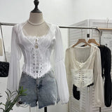 Court Wind Strapped With Waist Fish Bone Shirt Lace Shirt Back Waist To Take Short Top