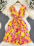 Vintage Floral Printed Pleated Dress Women Elegant V-Neck Sleeveless High Waist Draped Vacation Beach Vestidos Female