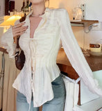Front Tie Ruffle Long Sleeves BlouseOutfit