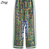 Women Vintage Patchwork Paisley Print Straight Pants Female Chic Elastic Waist Retro Long Trousers Pantalones Mujer
