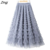 Tulle Long Skirts Womens Spring Summer Korean Style Solid High Waist A-Line Tutu Skirt Female Mesh Pleated Maxi
