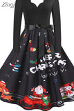 Dress Women Casual Vintage Patchwork Party New Year Santa Print Robe 50S 60S Rockabilly Swing Elegant Winter