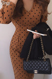 Elegant Polka Dot Corduroy Dress Korea Fashion Long Sleeves Midi Dresses for Women V-Neck Slim Vestidos Autumn 2023