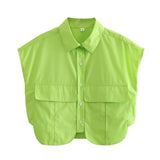 Color Y2K Women's Big Pocket Splicing Irregular Cardigan Polo Collar Shirt Top