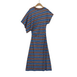 Striped Slanted Shoulder Short-Sleeved Woman Summer Small Fresh Loose Display Lanky Over-Knee Dress