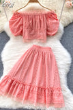 Women Hollow Out Lace Two Piece Set Orange/Purple/White Slash Neck Puff Sleeve Tops + High Waist Ruffle Skirt Beach