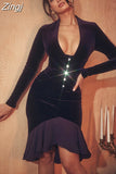 High Quality Velvet Vintage Purple Midi Dresses for Women Elegant Nightclub Party Outfits Long Sleeve