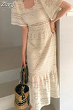 Korean Soft Girl Square Collar A Line Midi Dress Summer Lace Embroidery Party Dresses Office Lady Casual Vestidos