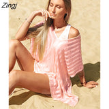 PETAL Pink V neck Crochet Mini Dress Sexy Bat Sleeve Loose Casual Hollow Out T-shirt Dress 2023 Beach Bikini Cover
