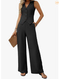 Women's Summer Two Sets Of Buttons And Two Sets Of Short Vests And Wide-Legged