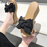New Summer 7cm Platform Wedge Slippers Women Shoes Butterfly-knot Clog Fabric Bow Mules Flip Flop Light
