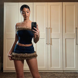 Zingj Winter New Fashion Sexy Hot Girl Retro Fur Denim Strapless Top Wrapped Buttock Skirt Suit
