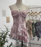 Shooting 2025 Spring And Summer New With Chest Cushions Dyed Mesh Sling Sling Vest Irregular Lotus Leaf Side Top