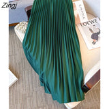 Midi Long Pleated Skirt Women Korean Fashion Green Black Elegant A Line High Waist Skirt Female With Gold